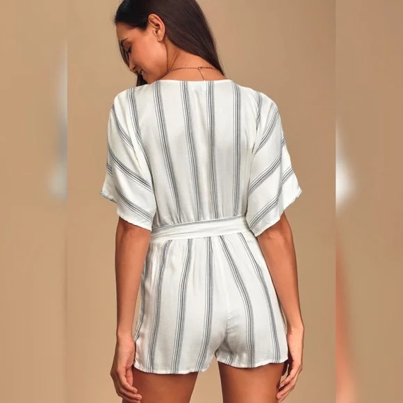 Lulus Climb Aboard Grey and White Striped Romper! - Picture 2 of 12